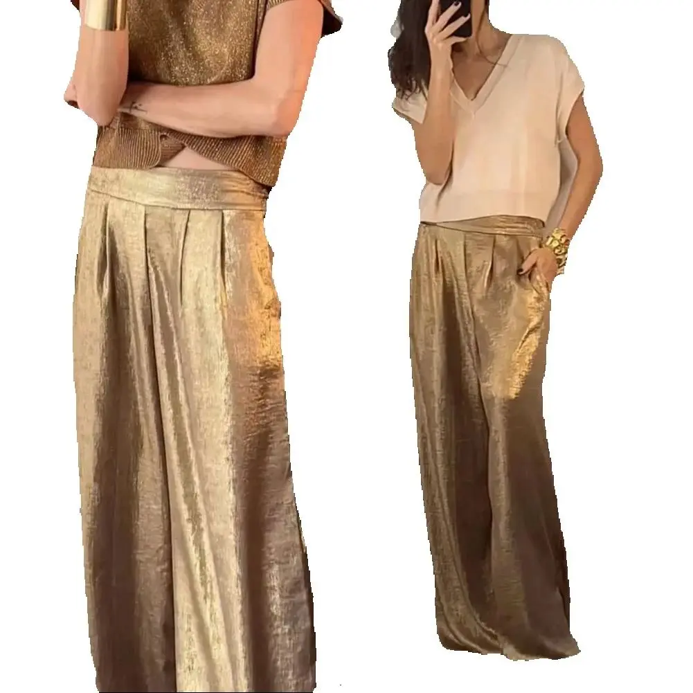 Metallic Fashionable Solid Color Commuting Long Trousers Women Straight Wide Leg Baggy Pants Elastic High Waist Casual Trousers
