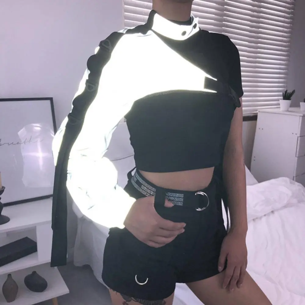 One Long Sleeve Top Safety Reflective Chic Summer Blouse Fashion One-sided Choker Strap Buckle Reflective Halter Smock Blouse