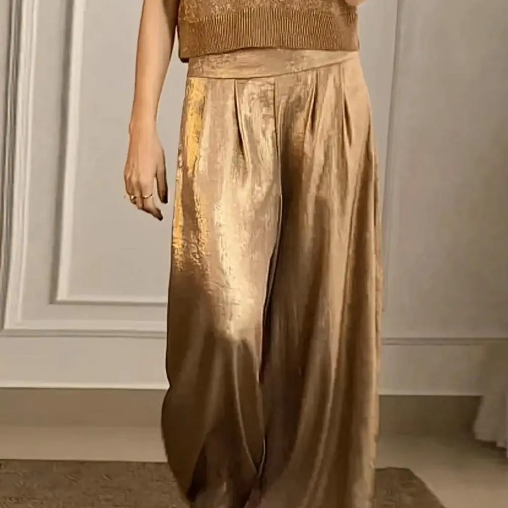 Metallic Fashionable Solid Color Commuting Long Trousers Women Straight Wide Leg Baggy Pants Elastic High Waist Casual Trousers