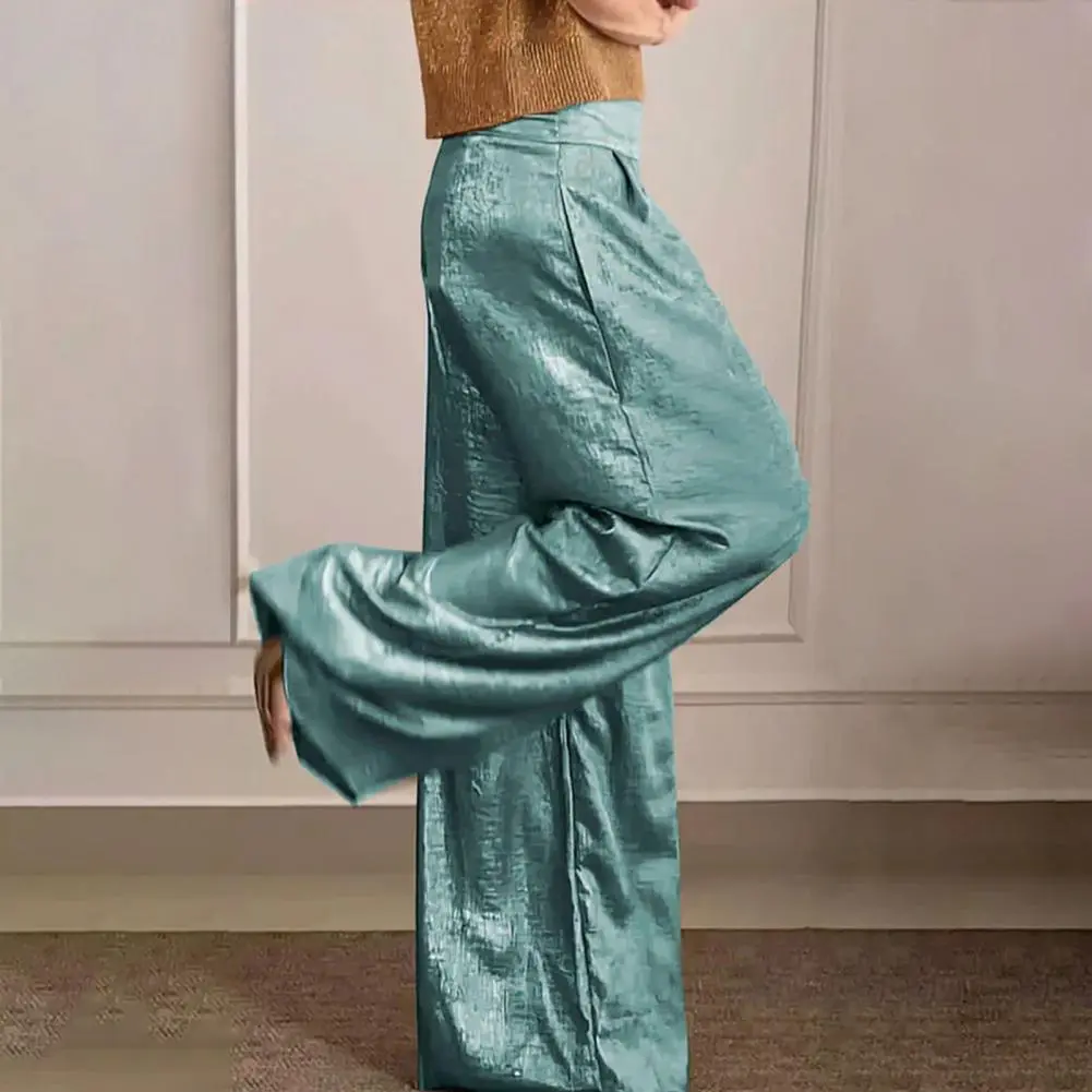 Metallic Fashionable Solid Color Commuting Long Trousers Women Straight Wide Leg Baggy Pants Elastic High Waist Casual Trousers