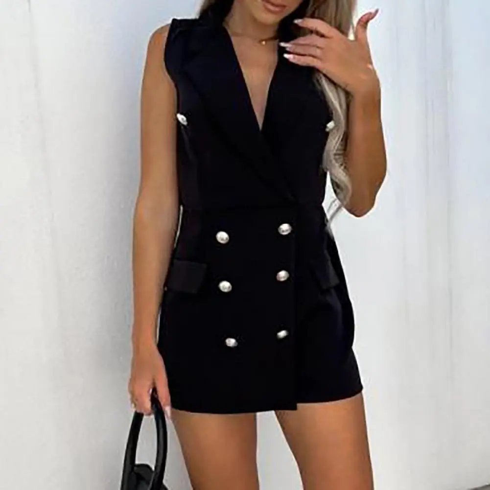 2022 Office Lady Jumpsuit Lapel Sleeveless Elastic Waist Formal Romper Double Breasted Decorative Pockets Summer Playsuit