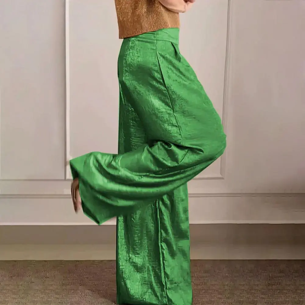 Metallic Fashionable Solid Color Commuting Long Trousers Women Straight Wide Leg Baggy Pants Elastic High Waist Casual Trousers