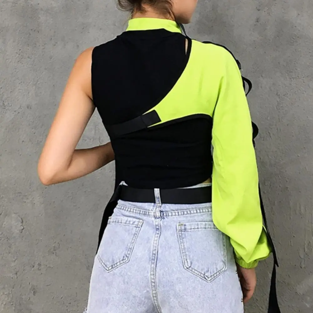 One Long Sleeve Top Safety Reflective Chic Summer Blouse Fashion One-sided Choker Strap Buckle Reflective Halter Smock Blouse