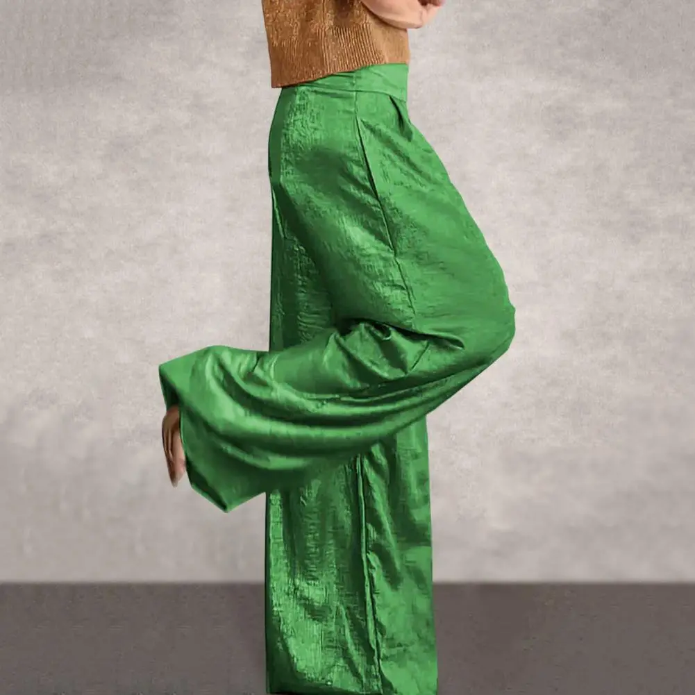 Metallic Fashionable Solid Color Commuting Long Trousers Women Straight Wide Leg Baggy Pants Elastic High Waist Casual Trousers