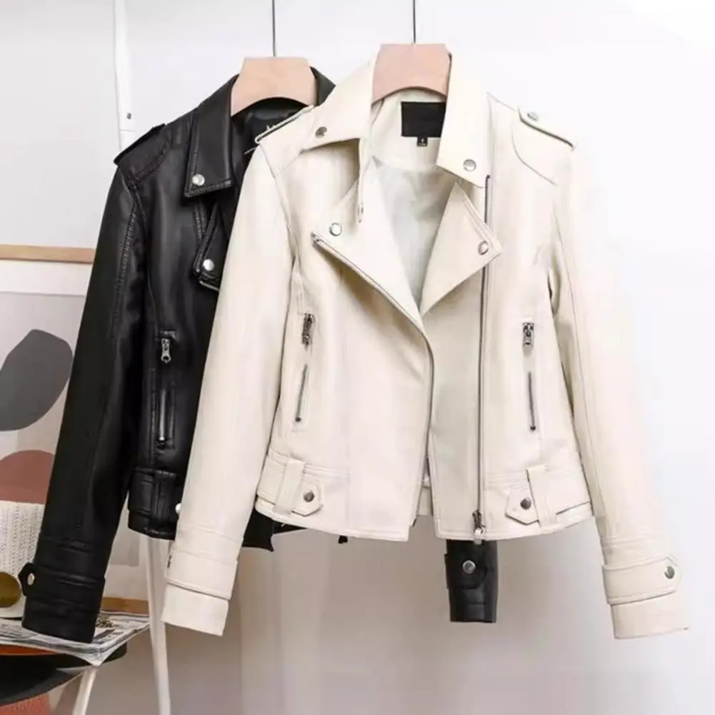Women Jacket Spring Woman Faux Leather Jacket Chic Vintage American Street Wear Short Lapel Zipper Biker Coat Fashion Streetwear
