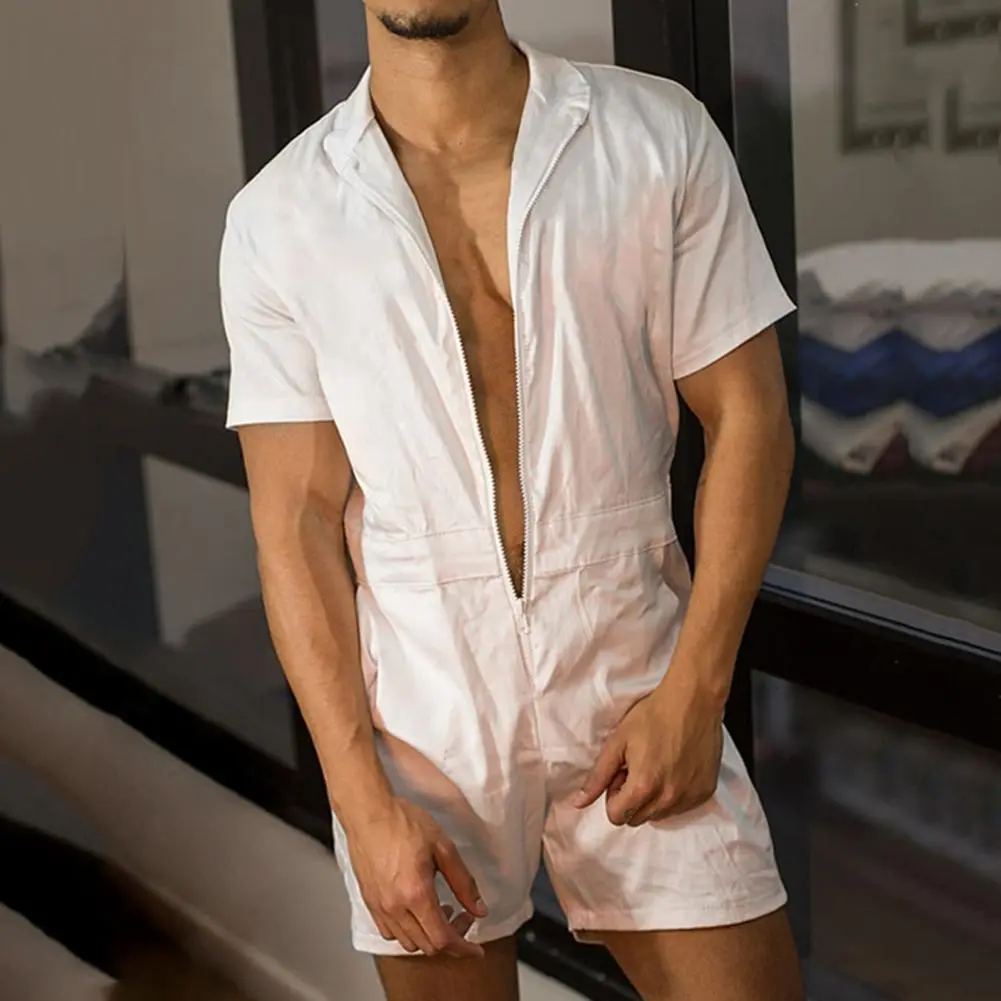 Zipper V Neck Men Overall Shorts Short Sleeve Romper Men Jumpsuit Summer Turndown Collar T-shirts High Waist Romper Pants