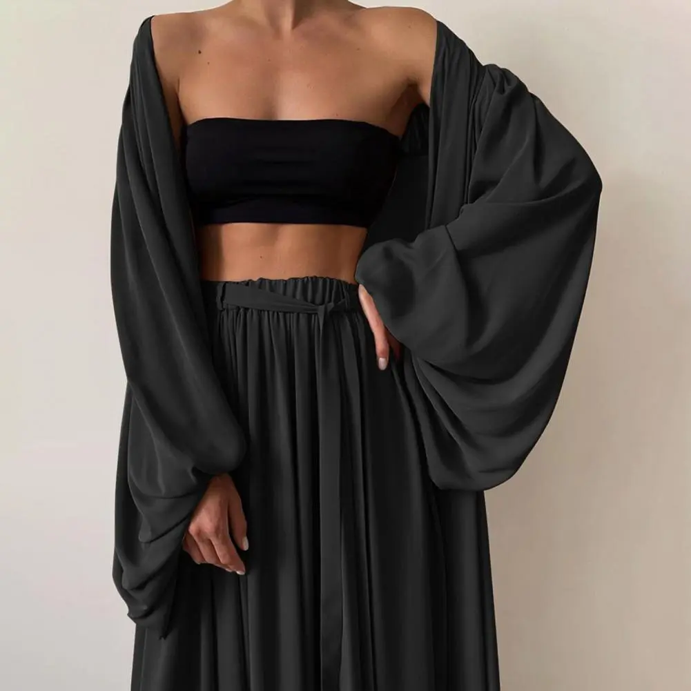 Homewear Set Women Outfit Puff Long Sleeve Cardigan Tube Top Pants Sexy Tracksuit Loose Summer Top Pants Set Three Pieces Set