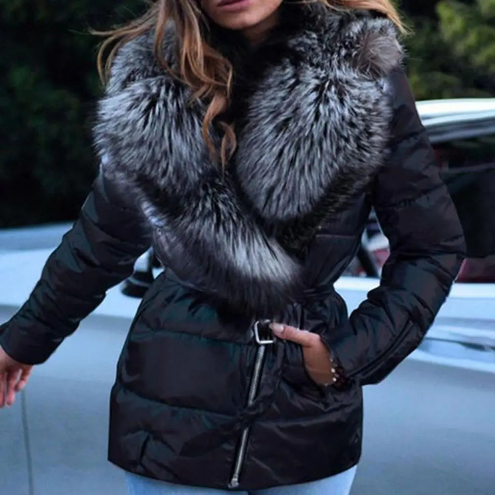 Thermal Faux Fur Collar Women Puffer Jacket Luxury Bright Surface Winter Cotton Women Overcoat Fur Hooded Belt Down Coat Jackets