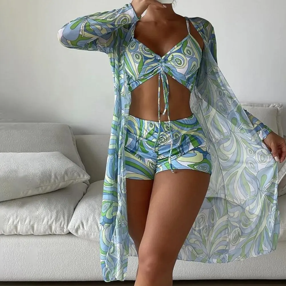 3 Piece Bikini Women Swimsuits Female Swimwear Floral Print Padded Bra shorts Cover-up Set Swimming Suit Bathing Suit Bikini Set