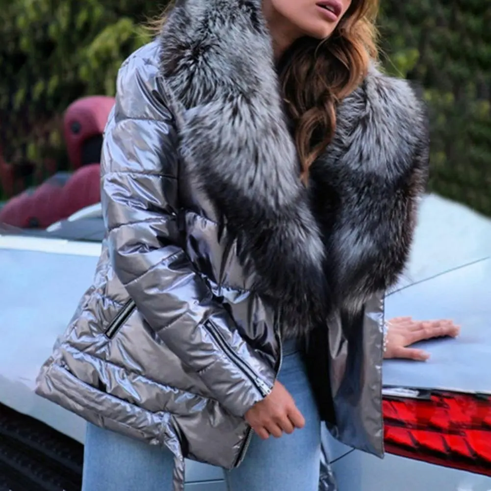 Thermal Faux Fur Collar Women Puffer Jacket Luxury Bright Surface Winter Cotton Women Overcoat Fur Hooded Belt Down Coat Jackets