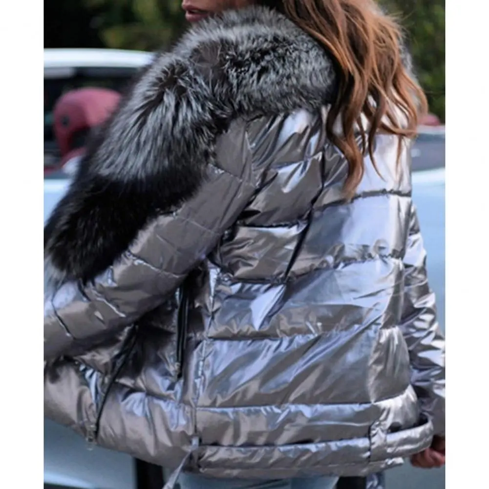 Thermal Faux Fur Collar Women Puffer Jacket Luxury Bright Surface Winter Cotton Women Overcoat Fur Hooded Belt Down Coat Jackets