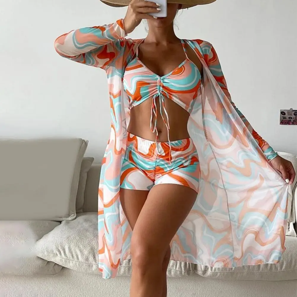 3 Piece Bikini Women Swimsuits Female Swimwear Floral Print Padded Bra shorts Cover-up Set Swimming Suit Bathing Suit Bikini Set
