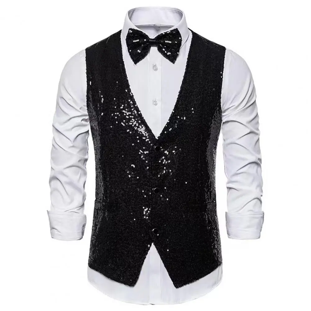 Men Sequin Waistcoat Sleeveless Slim Fit Shiny Vest Party Wedding Waistcoat Suit Vest Men Stage Performance Sequin Vest