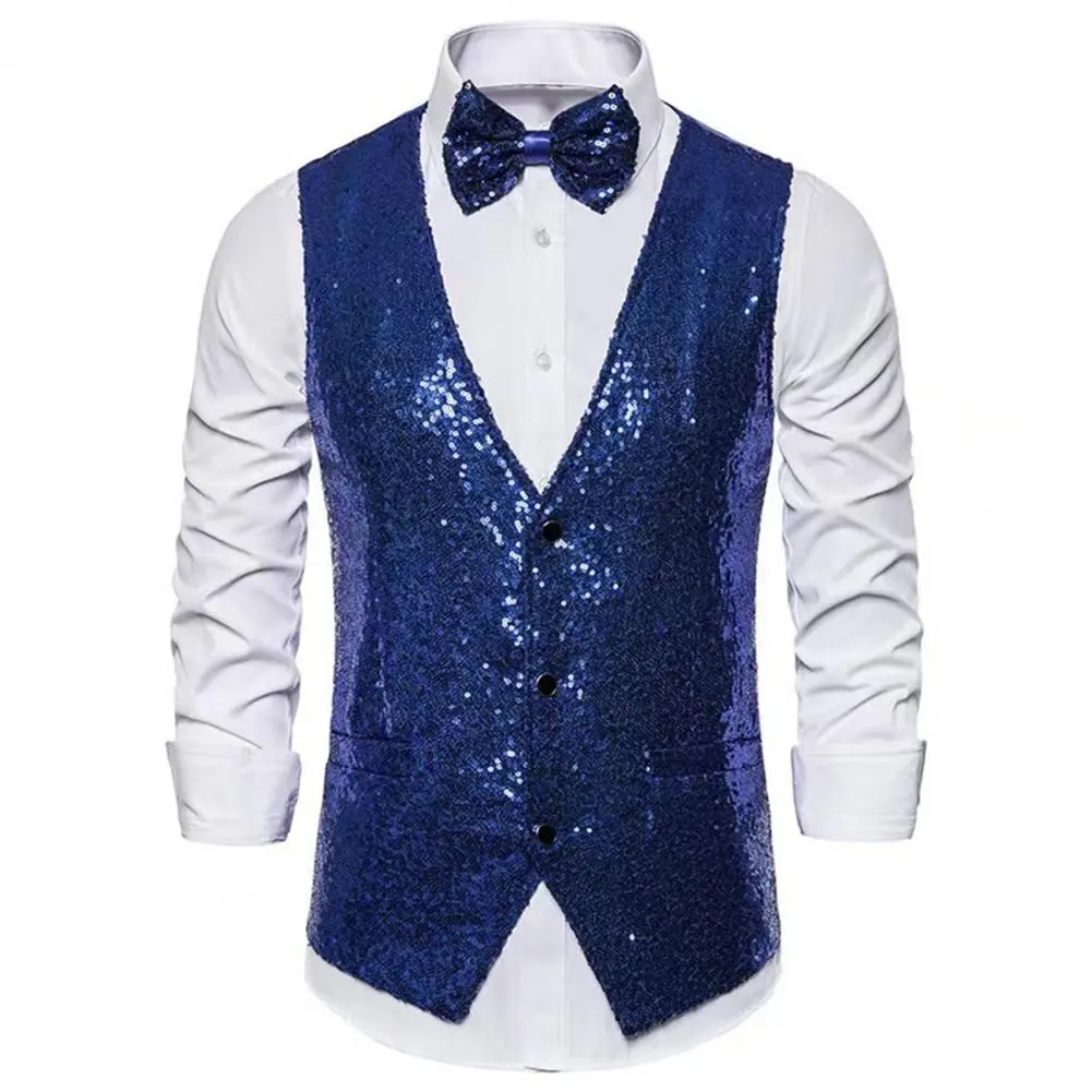 Men Sequin Waistcoat Sleeveless Slim Fit Shiny Vest Party Wedding Waistcoat Suit Vest Men Stage Performance Sequin Vest
