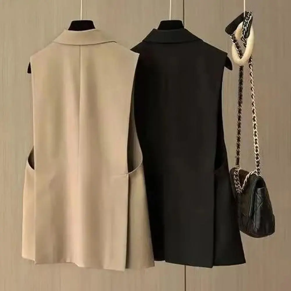 Women Vest Sleeveless Solid Color Suit Collar Loose Cardigan Office Ladies Lapel Collar Vest Coat Elegant OL Blazer