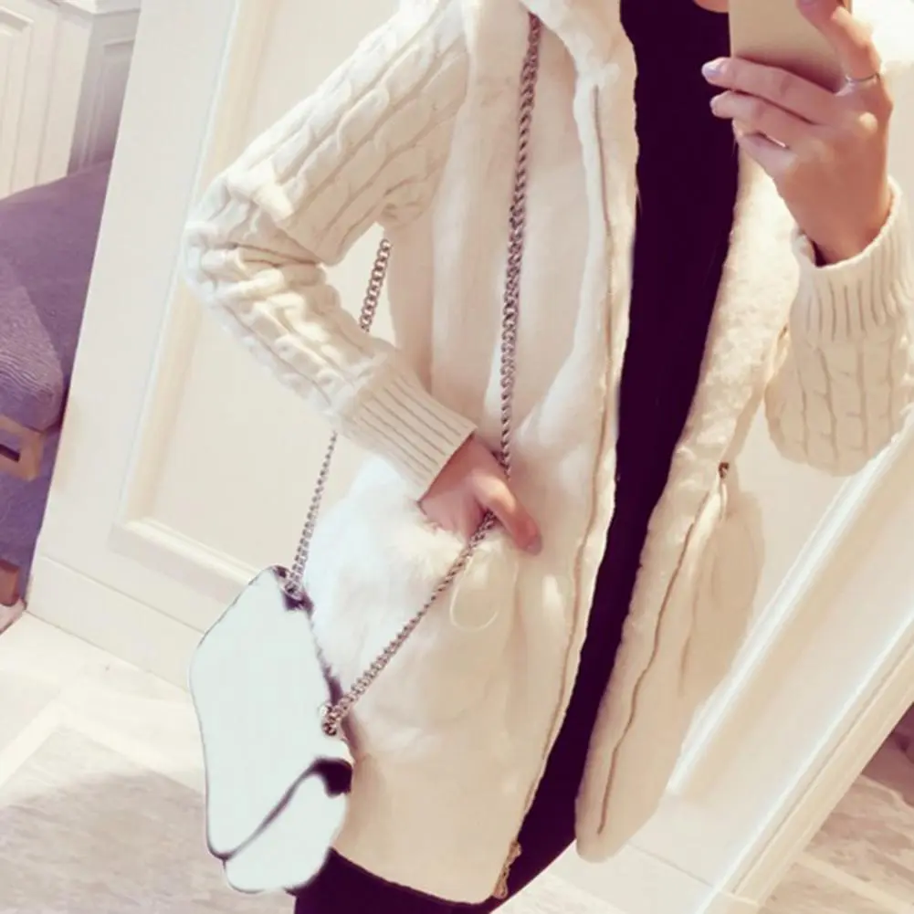 Zipper Plush Hooded Sweater Jacket Women Hooded Mid Length Knitted Thicken Keep Warm Cardigan Pocket Women Winter Coat Outerwear