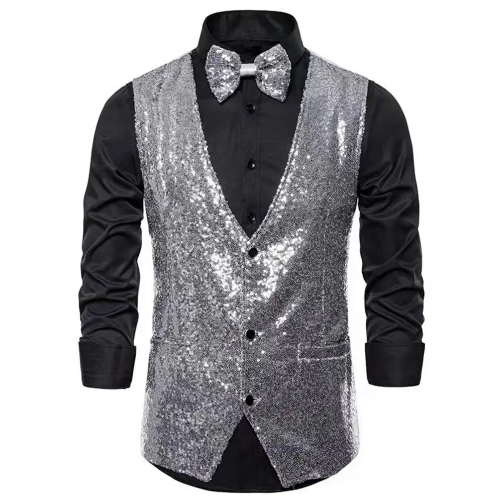 Men Sequin Waistcoat Sleeveless Slim Fit Shiny Vest Party Wedding Waistcoat Suit Vest Men Stage Performance Sequin Vest