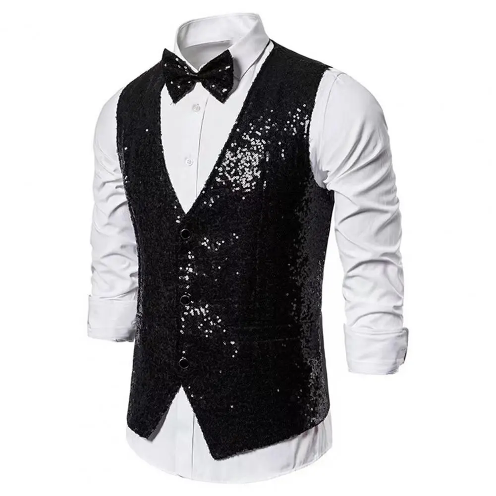 Men Sequin Waistcoat Sleeveless Slim Fit Shiny Vest Party Wedding Waistcoat Suit Vest Men Stage Performance Sequin Vest
