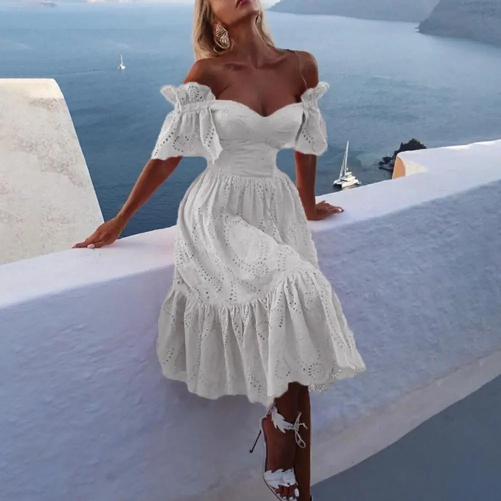 Elegant Pink Midi Dress Flat Shoulder Waist Tight Party Dress Sweet Young Sexy Strapless Short Sleeve Hollow Dot A-Line Dress