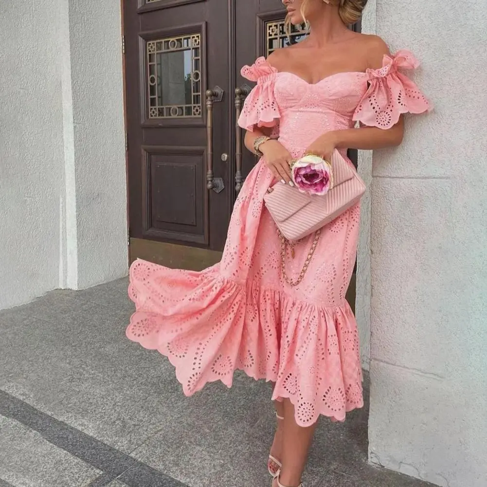 Elegant Pink Midi Dress Flat Shoulder Waist Tight Party Dress Sweet Young Sexy Strapless Short Sleeve Hollow Dot A-Line Dress