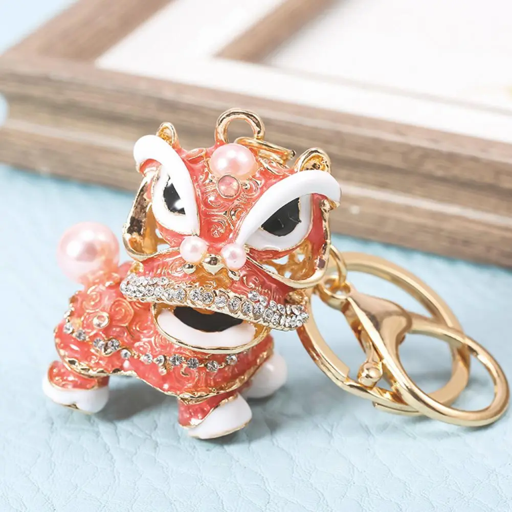 Crystal Lion Dance Key Ring Chinese Awakening Lion Key Chain Rotating Head Shining Rhinestone Lion Dance Keychain Bags Charm