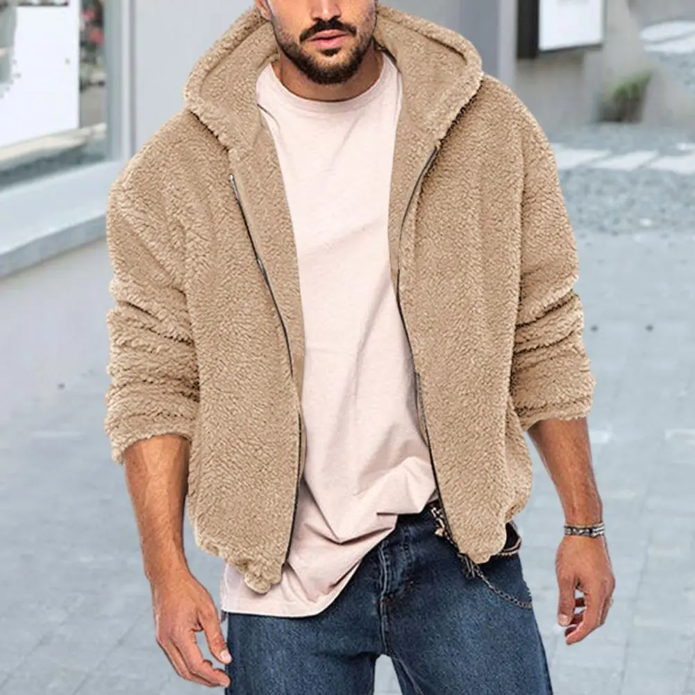 Plush Men Jacket Fluffy Fleece Thick Warm Coat Jacket Long Sleeve Hooded Coat Thicken Warm Men Coat Outerwear Sweatshirt Hoodie