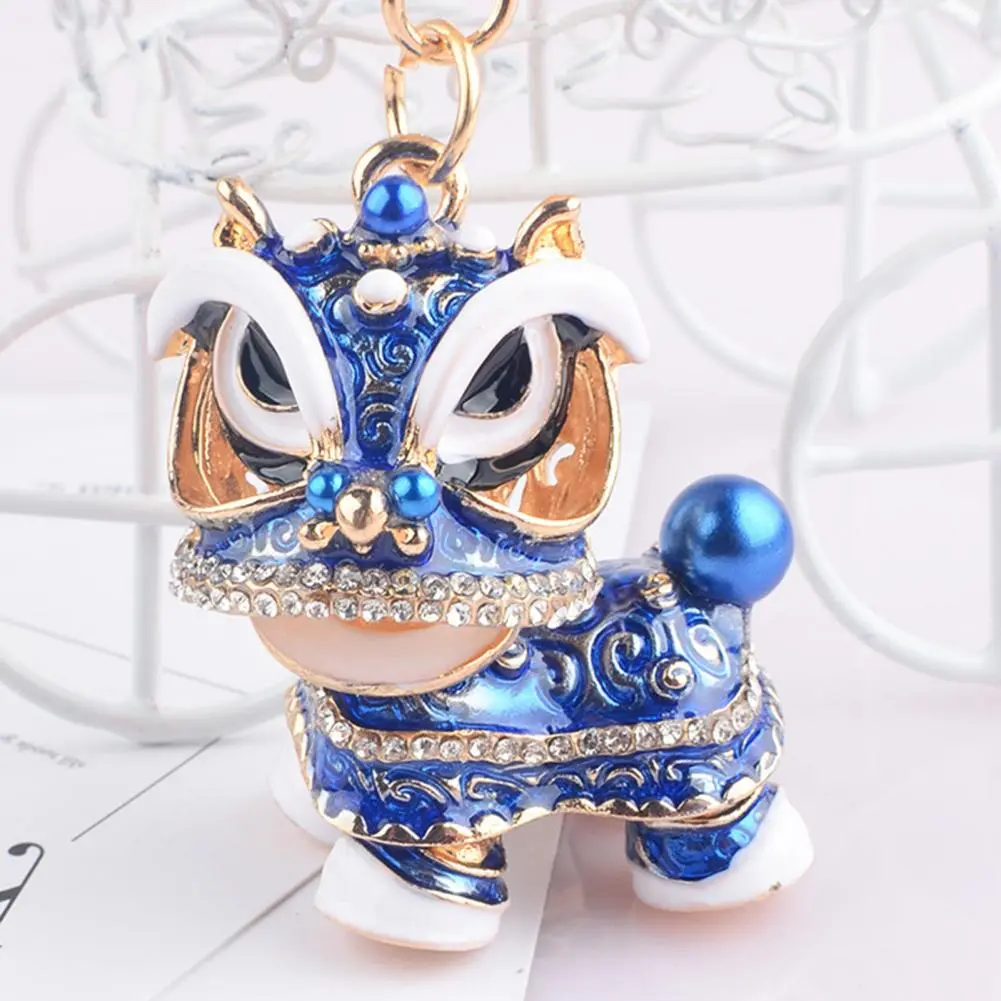Crystal Lion Dance Key Ring Chinese Awakening Lion Key Chain Rotating Head Shining Rhinestone Lion Dance Keychain Bags Charm