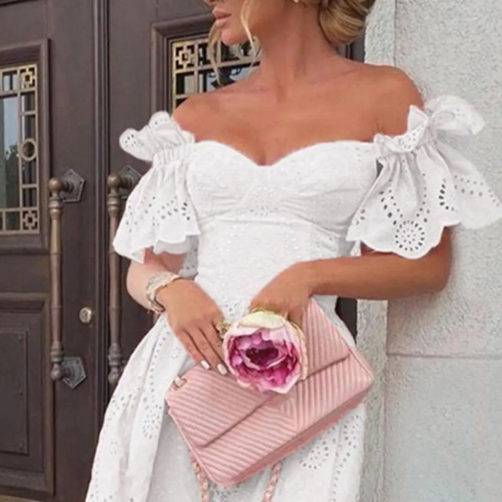 Elegant Pink Midi Dress Flat Shoulder Waist Tight Party Dress Sweet Young Sexy Strapless Short Sleeve Hollow Dot A-Line Dress