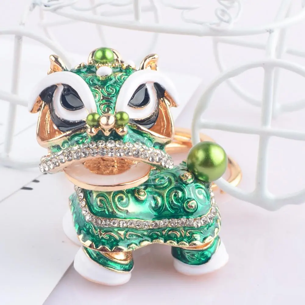 Crystal Lion Dance Key Ring Chinese Awakening Lion Key Chain Rotating Head Shining Rhinestone Lion Dance Keychain Bags Charm