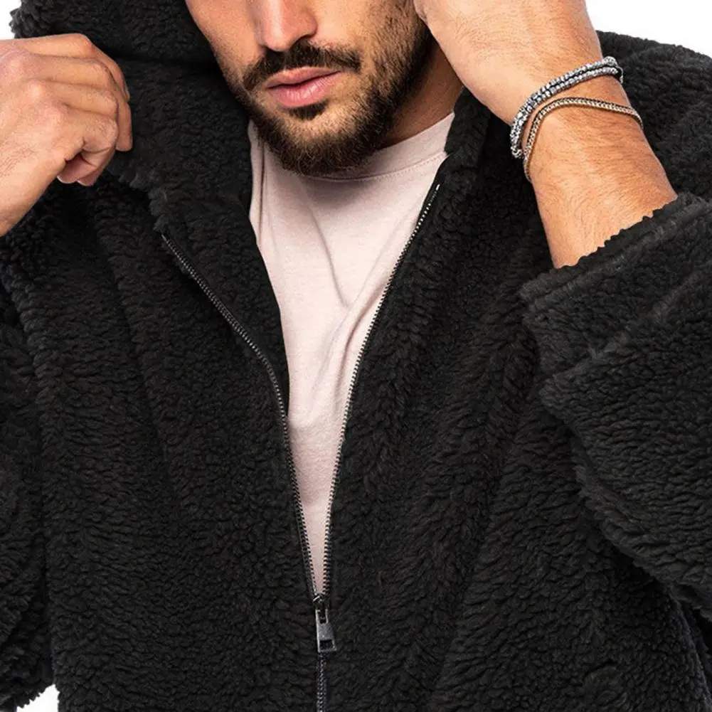 Plush Men Jacket Fluffy Fleece Thick Warm Coat Jacket Long Sleeve Hooded Coat Thicken Warm Men Coat Outerwear Sweatshirt Hoodie