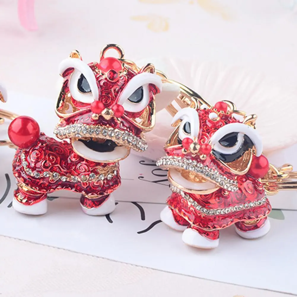 Crystal Lion Dance Key Ring Chinese Awakening Lion Key Chain Rotating Head Shining Rhinestone Lion Dance Keychain Bags Charm