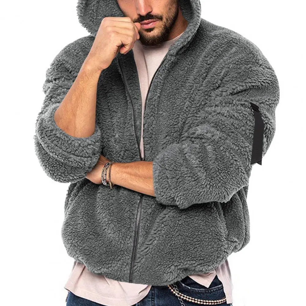 Plush Men Jacket Fluffy Fleece Thick Warm Coat Jacket Long Sleeve Hooded Coat Thicken Warm Men Coat Outerwear Sweatshirt Hoodie