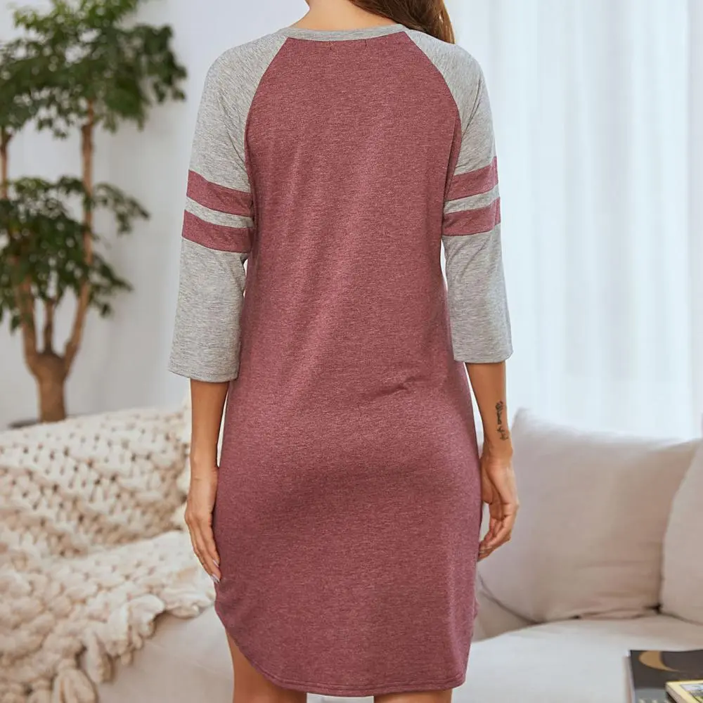 O Neck Short Sleeve Women Nightdress Color Block Loose Mini Dress Homewear Spring Summer Casual Sleepwear Nightgowns Pijamas 잠옷