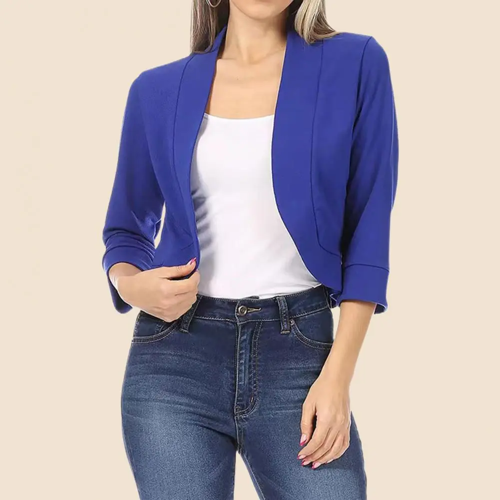 Cropped Women Temperament Cardigan All match 3 4 Sleeve Office Suit Jacket Slim Fit No Button Business Coat Outerwear