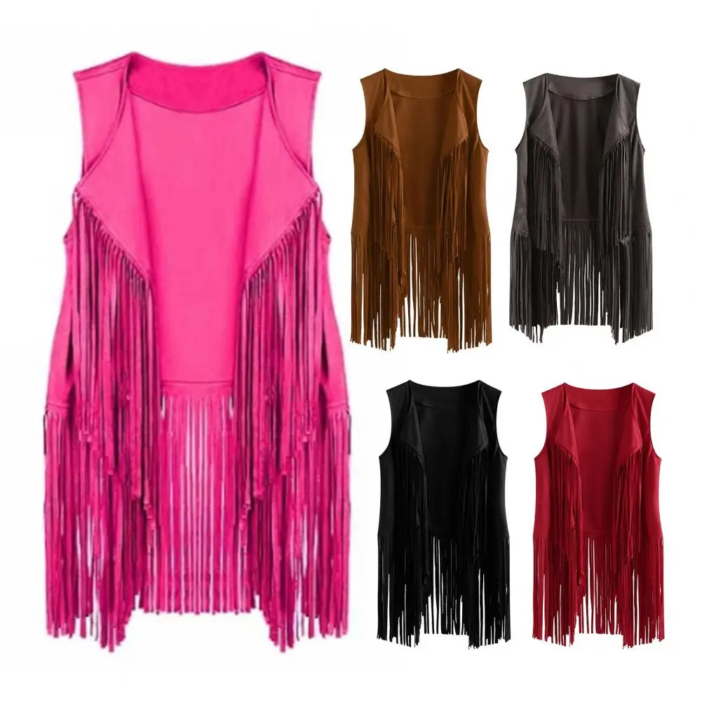 Sleeveless Fringe Decor Vest Jacket 2025 Women Waistcoat Solid Color Open Front Hip Hop Style Concerts Cosplay Waistcoat Lapel