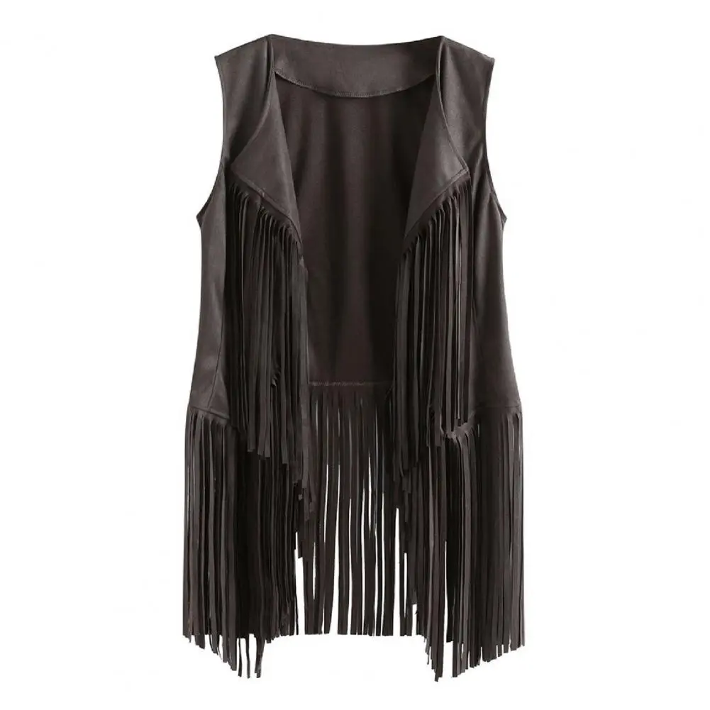 Sleeveless Fringe Decor Vest Jacket 2025 Women Waistcoat Solid Color Open Front Hip Hop Style Concerts Cosplay Waistcoat Lapel