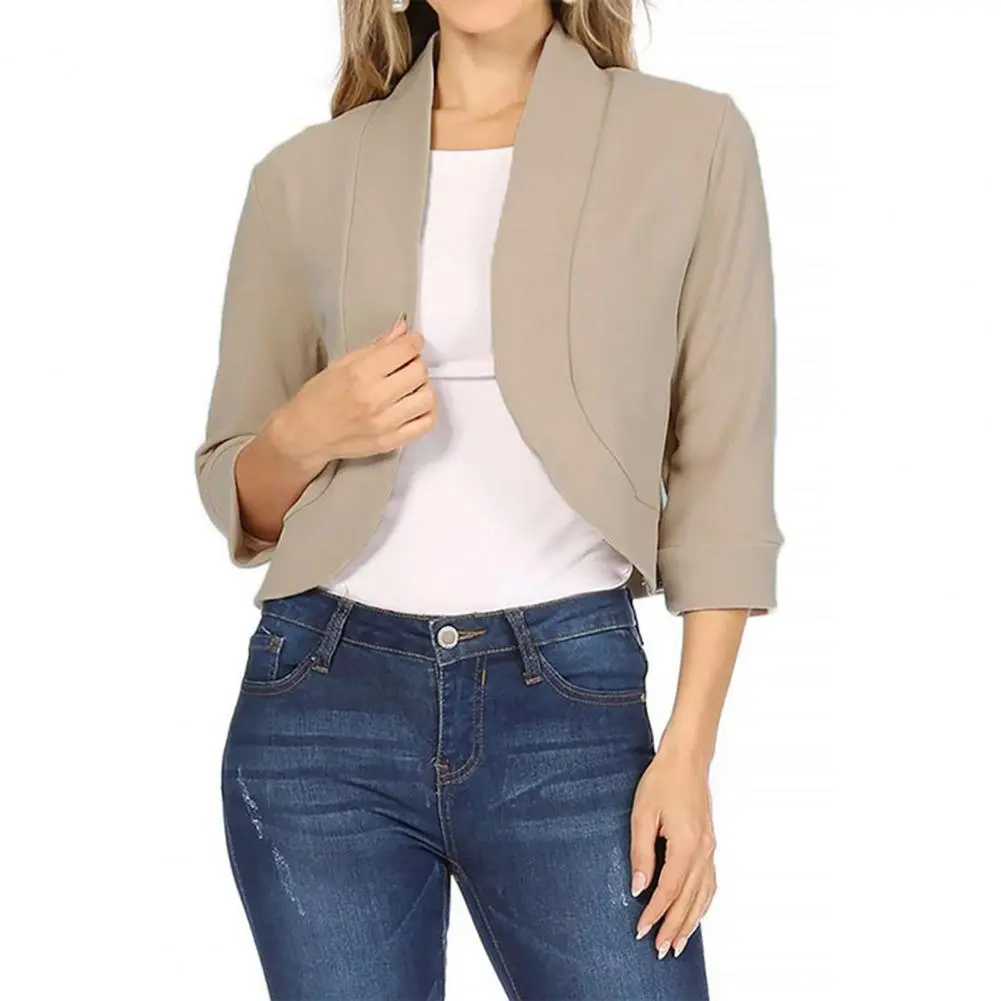 Cropped Women Temperament Cardigan All match 3 4 Sleeve Office Suit Jacket Slim Fit No Button Business Coat Outerwear