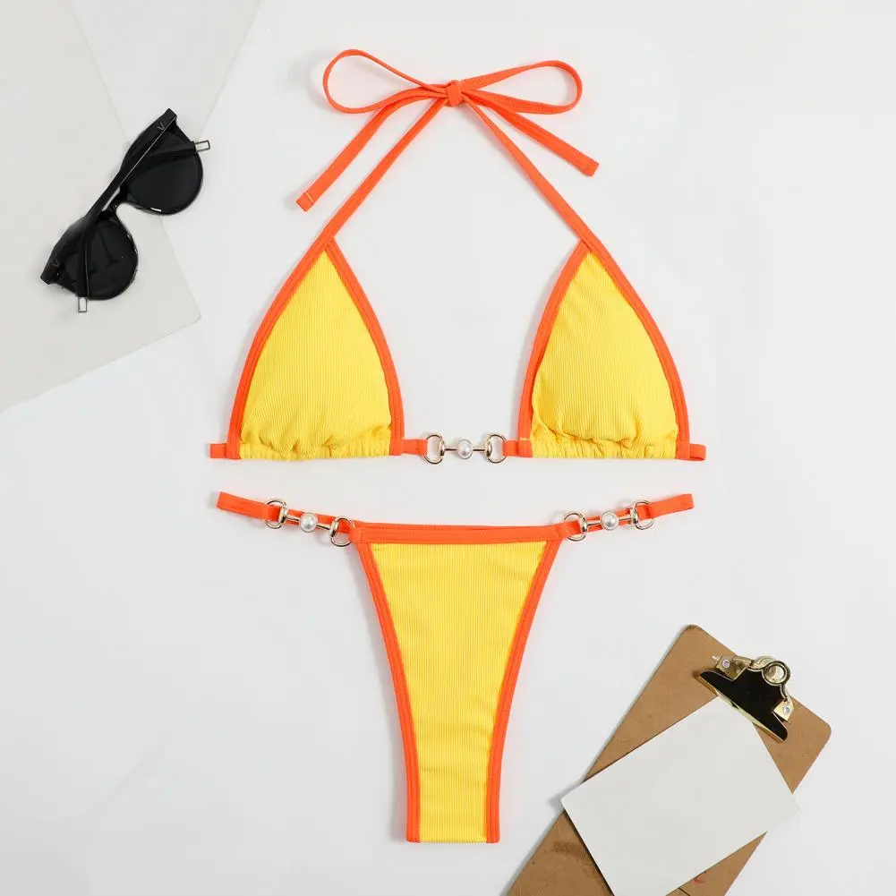 Women Micro Bikini Set Chain Connection Halter Bra Lace-up Briefs Set Bathing Suit Bikini Bra Thong Drawstring Strap Swimsuit