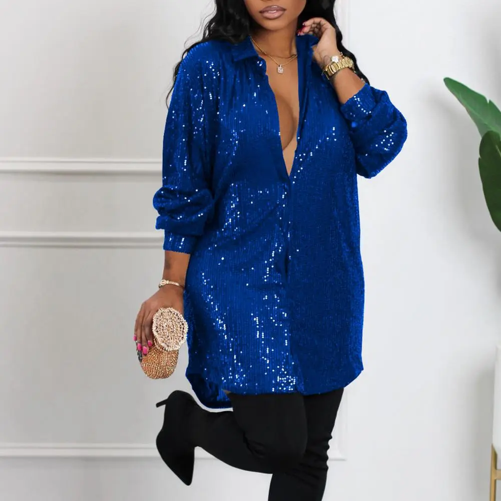 Sequins Long Sleeve Loose Buttons  Shiny Sequin Women Shirt Dress 2025 Summer Button-up Mid Length Cardigan Blouse Mini Dress