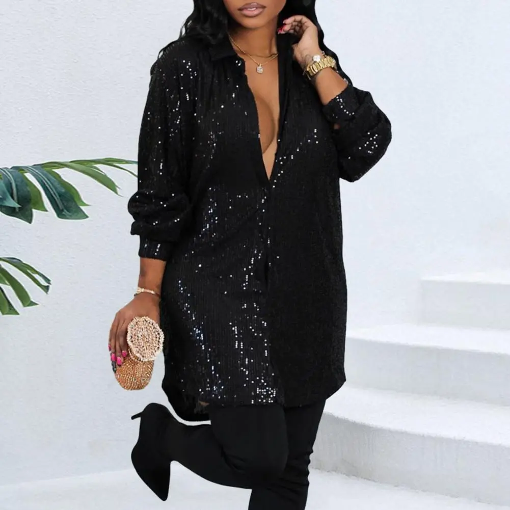 Sequins Long Sleeve Loose Buttons  Shiny Sequin Women Shirt Dress 2025 Summer Button-up Mid Length Cardigan Blouse Mini Dress