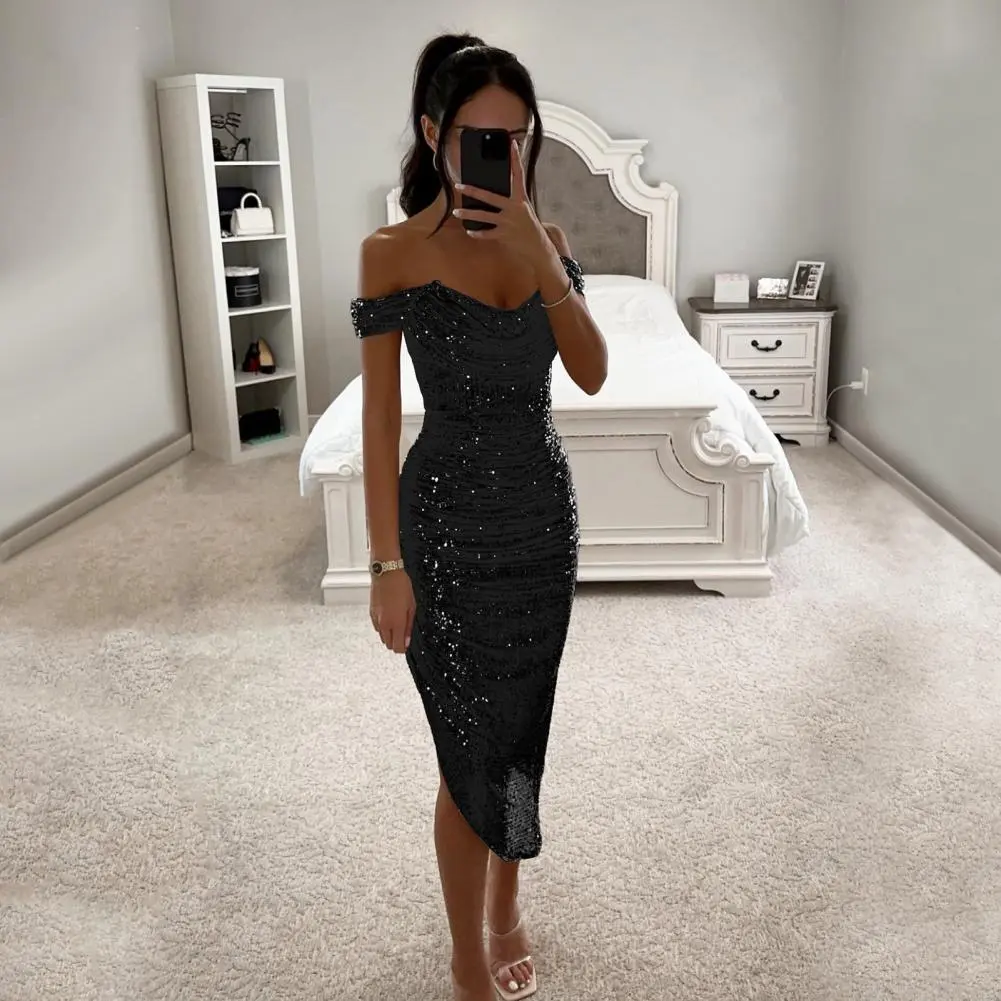 Women Christmas Party Dress Sequined Irregular Hem Evening Dress Low-cut Prom Wedding Party Formal Slit Hem Ladies Midi Dress