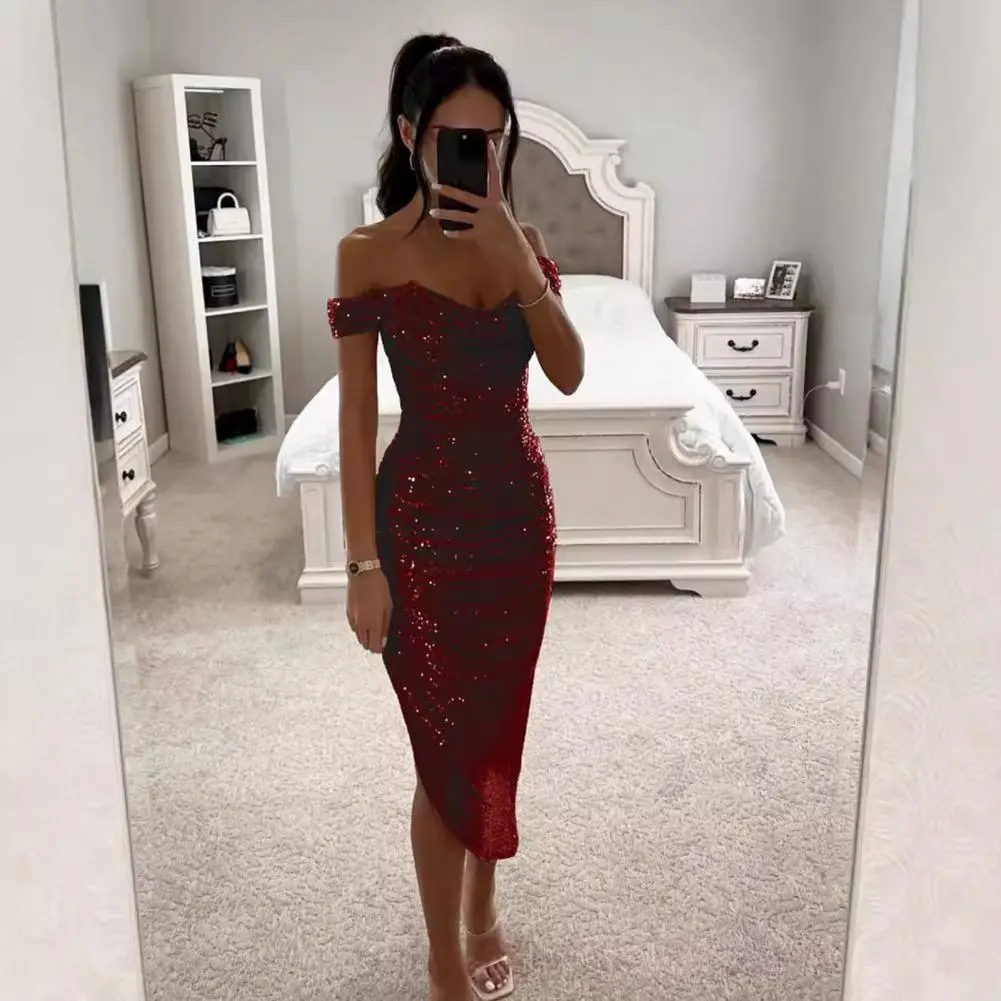 Women Christmas Party Dress Sequined Irregular Hem Evening Dress Low-cut Prom Wedding Party Formal Slit Hem Ladies Midi Dress