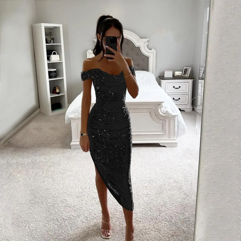 Women Christmas Party Dress Sequined Irregular Hem Evening Dress Low-cut Prom Wedding Party Formal Slit Hem Ladies Midi Dress