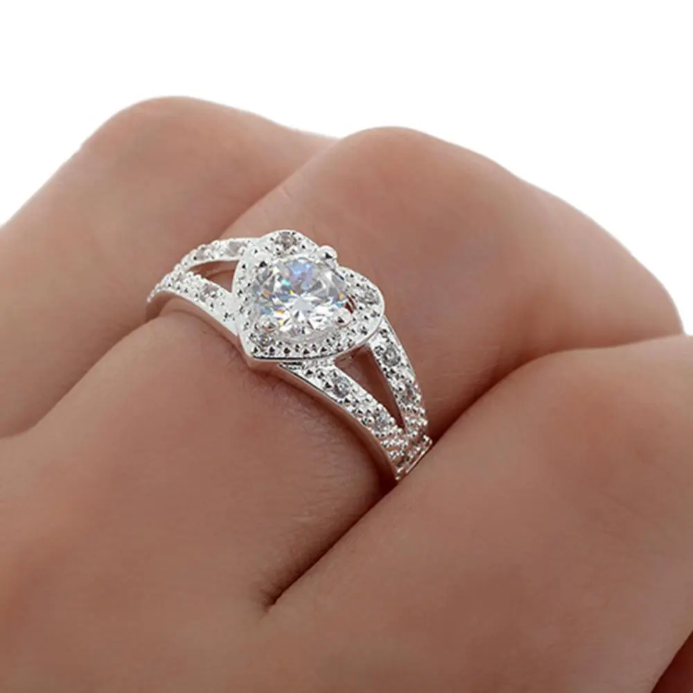 Diamon Women Ring Crystal Love Heart Shaped Bridal Zirconia Diamond Wedding Band Tibetan Silver 925 Rings for Women Gift Jewelry
