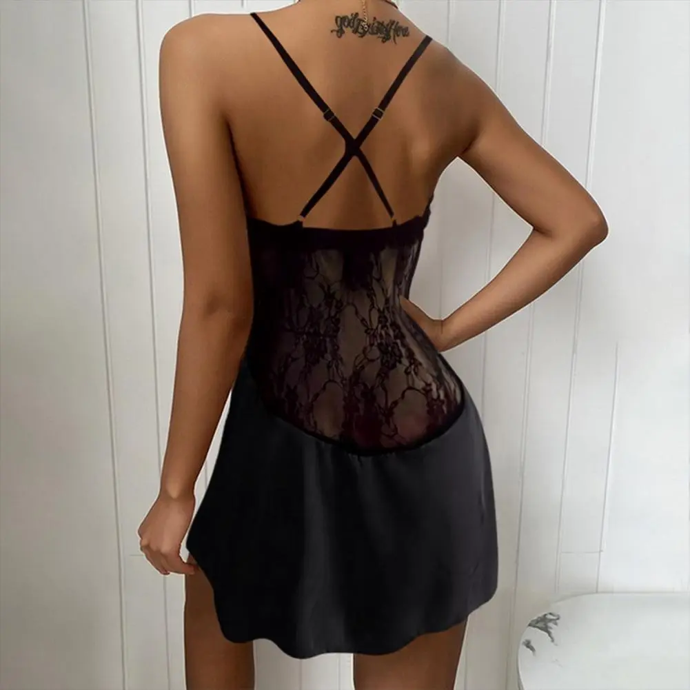 Women Nightgown Lace See Through Sexy Solid Color Women Night Dress Sleepwear Low Cut V Neck Slit Hem Sexy Night Dress Nightwear