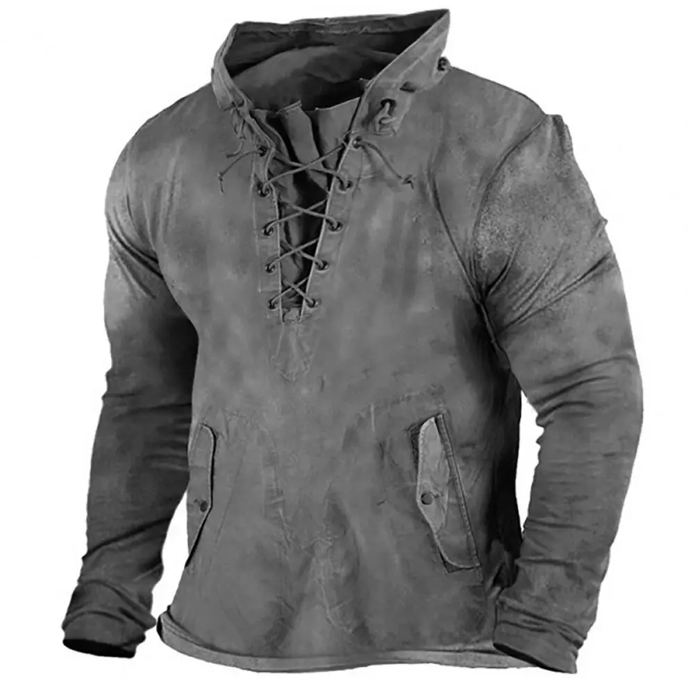 Cross Lace-up Drawstring Men Hoodie Autumn Winter Training T-shirt Sweatshirt Retro Pure Color Loose Pullover Men Sweatshirt