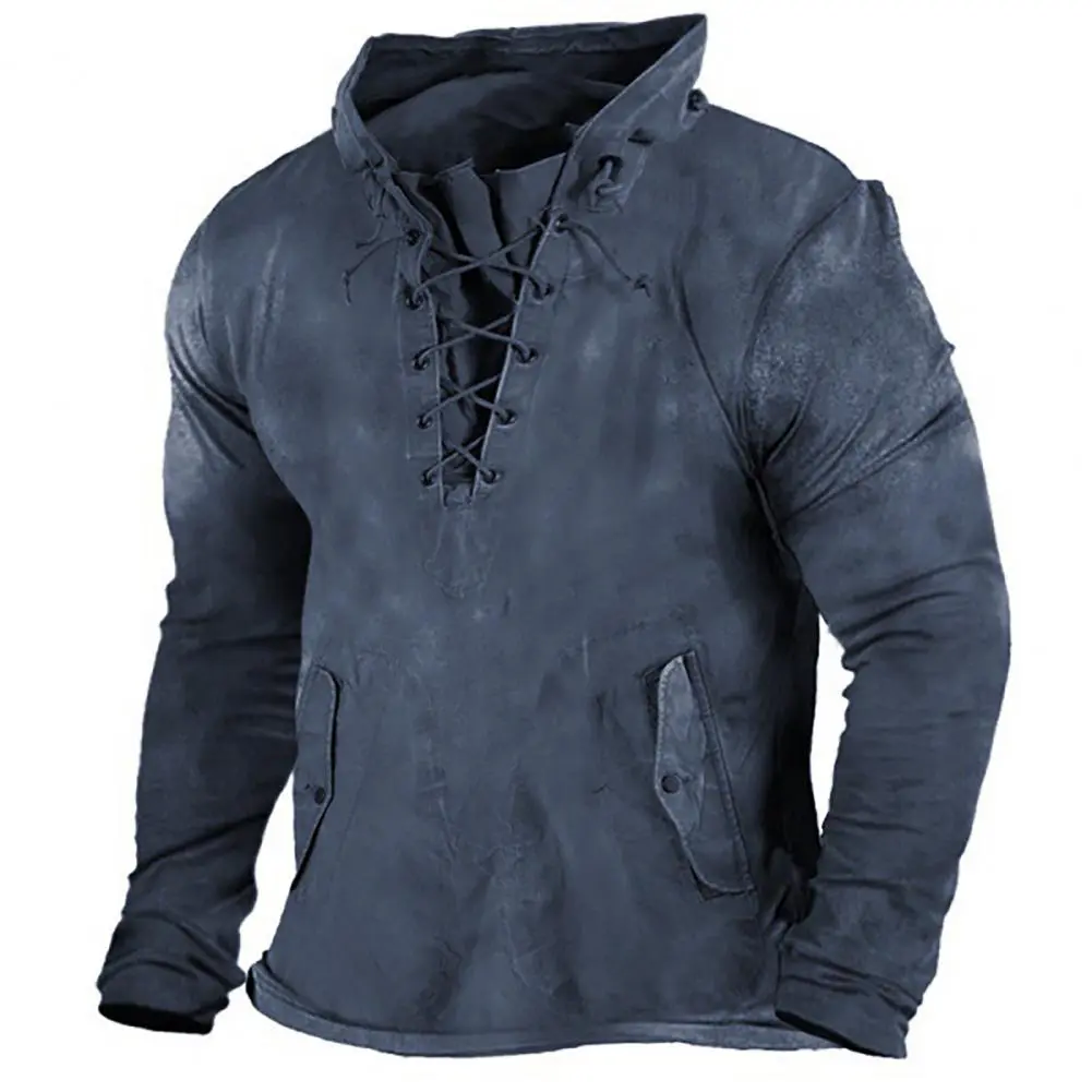 Cross Lace-up Drawstring Men Hoodie Autumn Winter Training T-shirt Sweatshirt Retro Pure Color Loose Pullover Men Sweatshirt