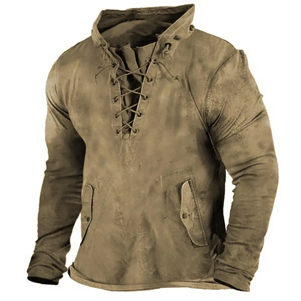 Cross Lace-up Drawstring Men Hoodie Autumn Winter Training T-shirt Sweatshirt Retro Pure Color Loose Pullover Men Sweatshirt