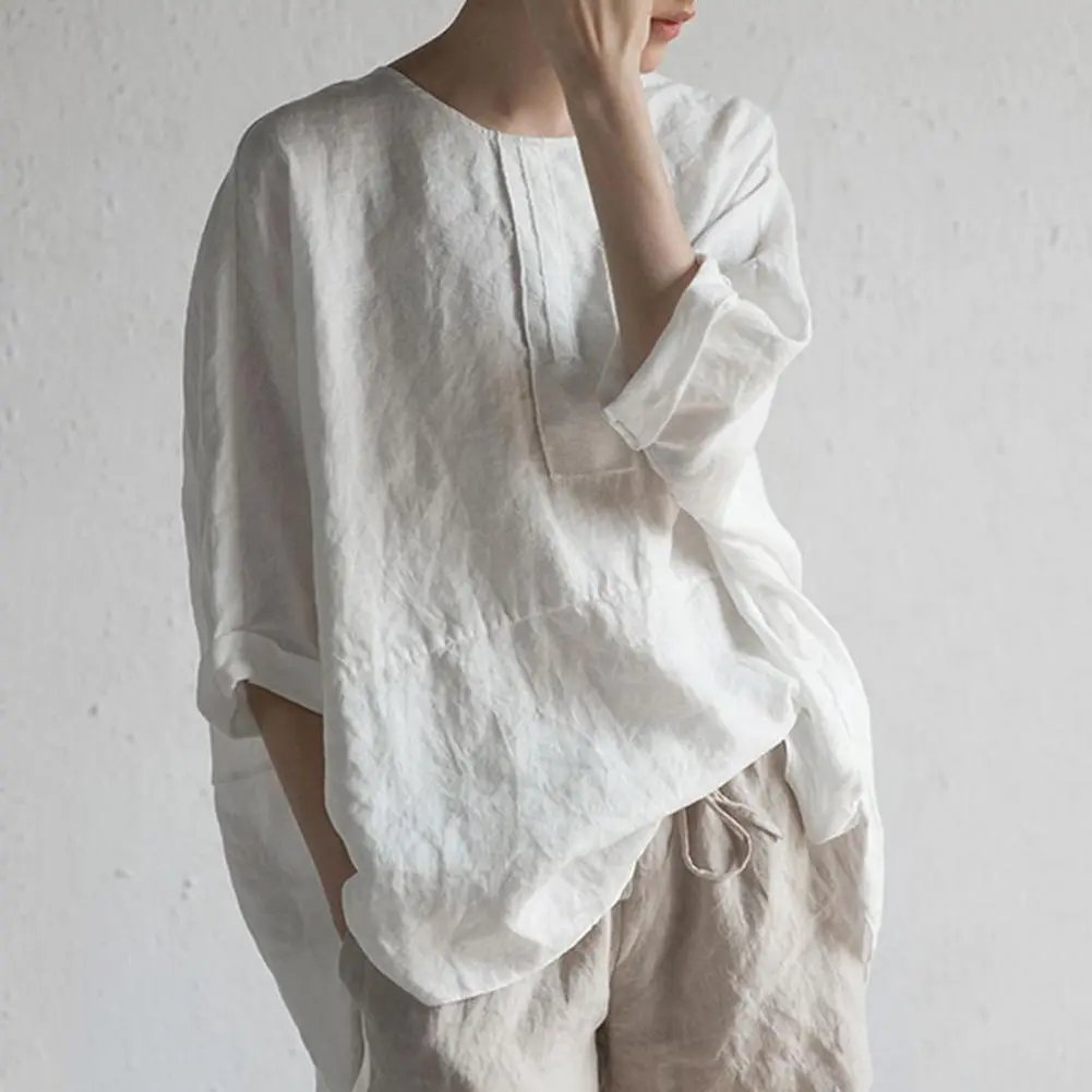 Back Split Hem T Shirt For Women Crew Neck Cotton Linen Solid color Thin T Shirts Half Sleeve Casual Female Tops Women Blouse