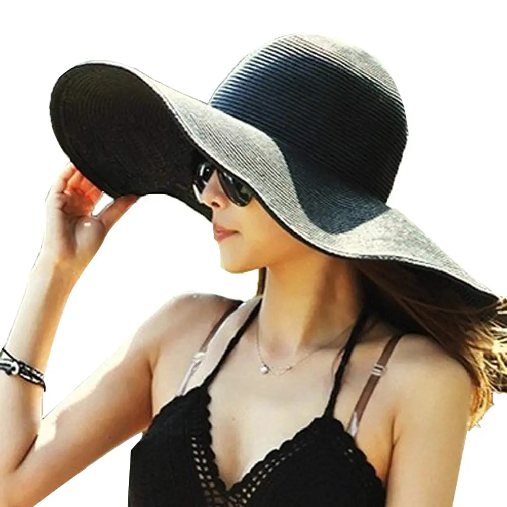 Ladies Fashion Hawaii Summer Beach Floppy Black Straw Hat Solid Color Women Wide Brim Travel Sun Casual Cap For Outdoor